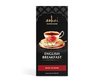 May include: A black box with gold accents featuring a cup of tea and the text "eshai Tea with Culture" and "English Breakfast Black Tea Blend Loose Leaf Tea 100g NET"