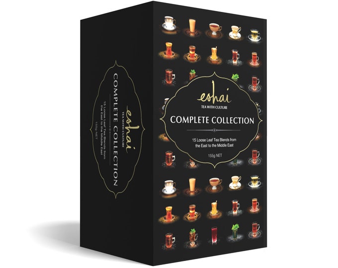 Eshai Collection Box Tee Geschenkset - 15 Beutel Schwarzer Tee, Grüner Tee, Kräuter- und Fruchttees - 155 g Box Loseblatt