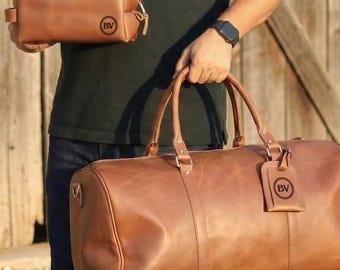 Personalized Fathers Day Gift for Him Leather Duffle & Toiletry Bag and Luggage Tag Set