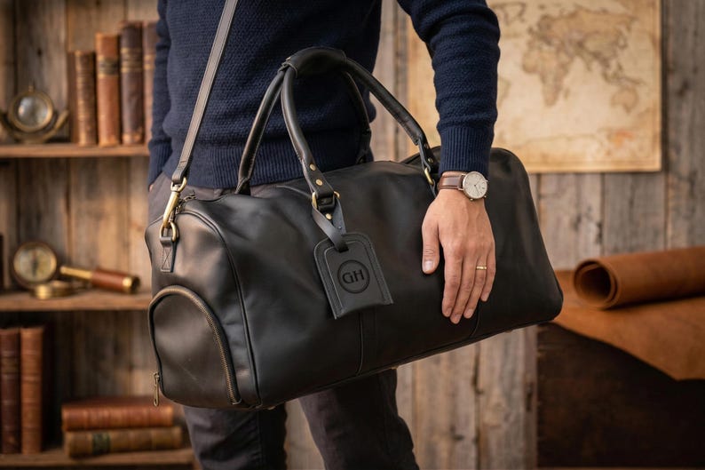 May include: Black leather duffel bag with a top handle and shoulder strap. The bag has a luggage tag with the initials "GH". The bag is held by a person. The bag is a travel accessory.