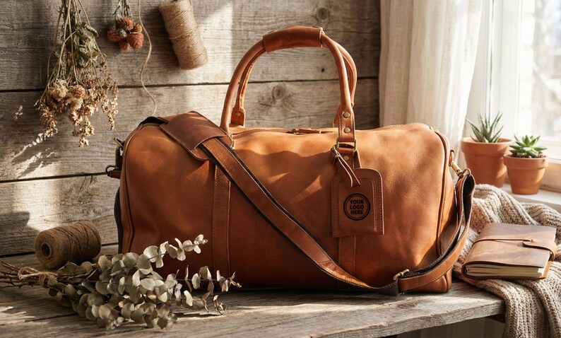 May include: A large, tan leather duffel bag with a shoulder strap and top handles. The bag has a luggage tag with a logo. The image also includes a small notebook, plants, and decorative items, all on a wooden surface.