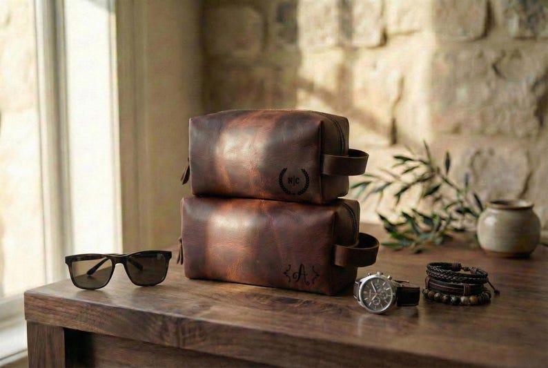 May include: Two brown leather toiletry bags with handles are stacked on a wooden surface. Sunglasses, a watch, and bracelets are also on the table. The bags have initials stamped on them. The background includes a window and a stone wall.