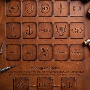 May include: A selection of monogram font options are displayed on a brown leather surface. The image showcases various engraved designs, including initials, dates, and logos. Text at the top reads "Select Your Monogram Font."