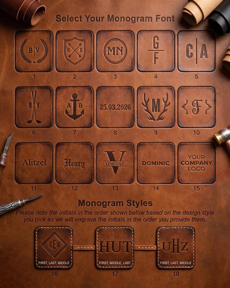 May include: A selection of monogram font options are displayed on a brown leather surface. The image showcases various engraved designs, including initials, dates, and logos. Text at the top reads "Select Your Monogram Font."