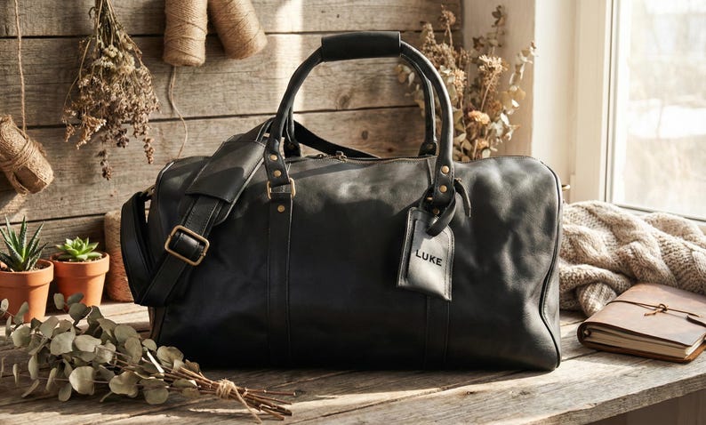 May include: A black leather duffel bag with a top handle and shoulder strap. The bag has a luggage tag that reads "LUKE". The bag is on a wooden surface.