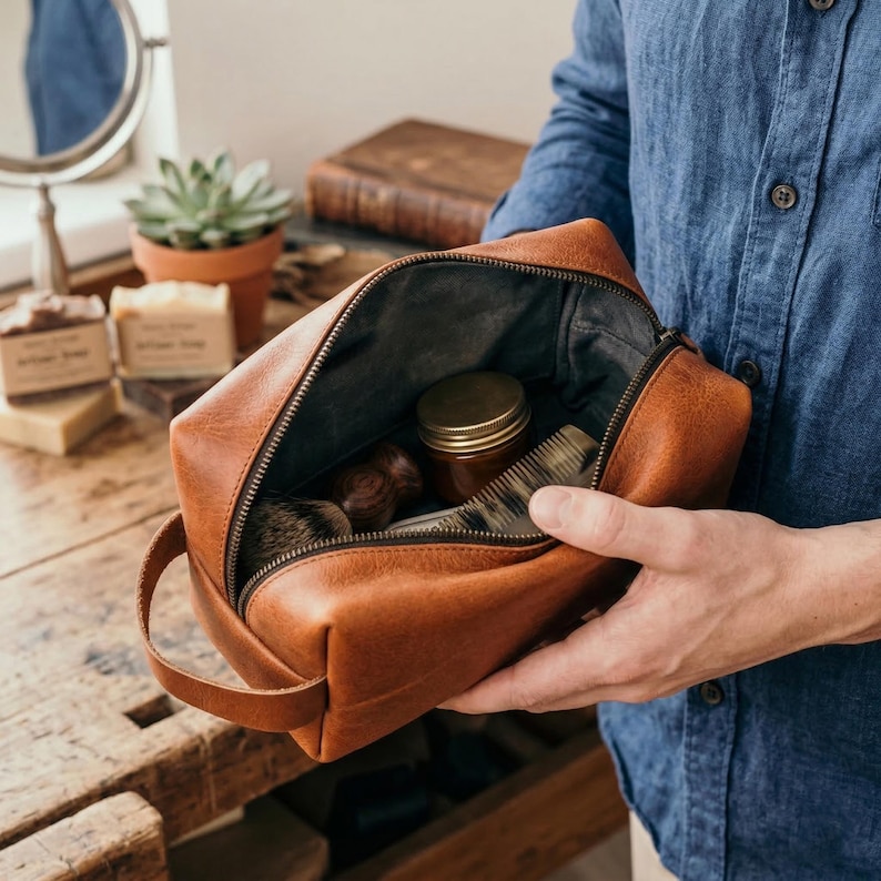 May include: A brown leather toiletry bag with a zipper, handle, and a dark interior. Inside are grooming items, including a jar, brush, and comb. The bag is held by a person wearing a blue shirt. The bag is on a wooden surface.
