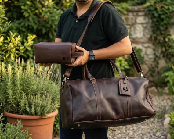 Personalized Gift for Him Leather Duffle Bag & Toiletry Bag and Luggage Tag Set