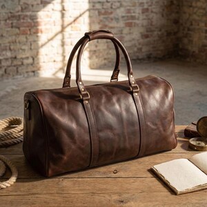 May include: A brown leather duffel bag with two top handles and a shoulder strap. The bag has brass-colored hardware and is sitting on a wooden surface. A rope, a compass, and a notebook are also on the surface.