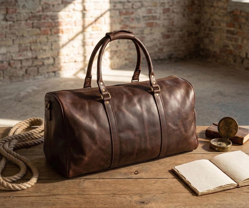 May include: A brown leather duffel bag with two top handles and a shoulder strap. The bag has brass-colored hardware and is sitting on a wooden surface. A rope, a compass, and a notebook are also on the surface.