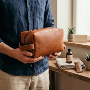May include: A brown leather toiletry bag with a black zipper and a handle. The bag is rectangular and appears to be made of high-quality leather. The bag is held by a person wearing a blue shirt and khaki pants.