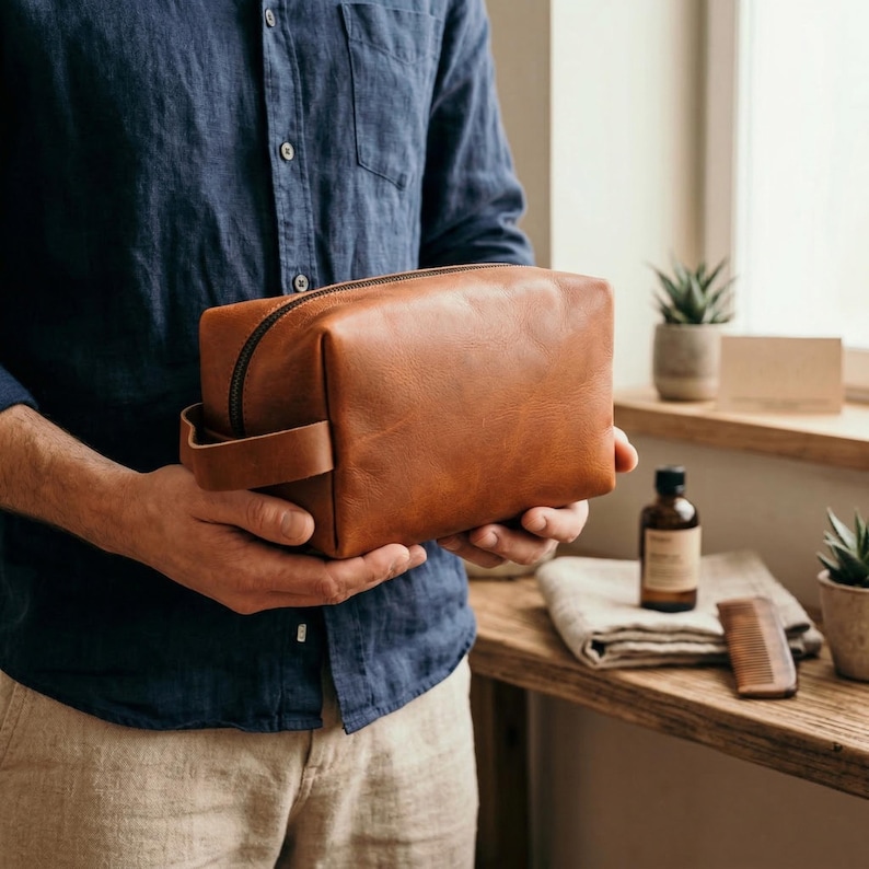 May include: A brown leather toiletry bag with a black zipper and a handle. The bag is rectangular and appears to be made of high-quality leather. The bag is held by a person wearing a blue shirt and khaki pants.