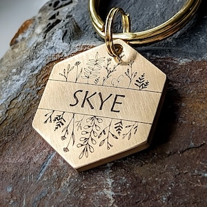 Leaves Dog Tag, Floral ID Tag, Personalised Dog Tag, Gift for nature lover, Engraved Dog charm, Chunky Tag for Dog Collar, Custom pet tag