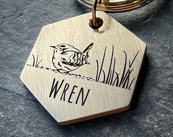 Bird Dog Tag, wren keyring, Custom metal ID tag, Chunky Personalised Pet Tag, sparrow keyring keychain, gift for bird lover owner