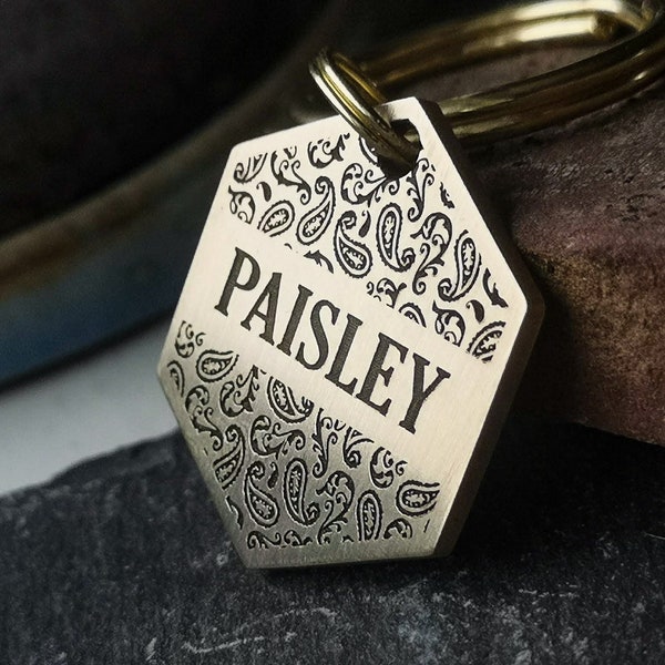 Paisley Dog Tag, Chunky Engraved Dog Tag, Personalised Dog charm, Custom ID Tag, Gold tag for Dog Collar, Gift for dog owner, Pet tags