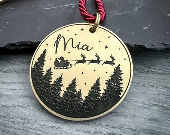 Santa Sleigh Metal Tree Decoration, Personalised Engraved Metal Christmas Tree Decoration, Dog’s First Christmas, Tree Ornament for Dog