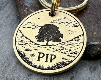 Sycamore Gap Tree Dog ID Tag, Personalised Engraved Pet Tags, Chunky Tag for Dog Collar, Autumn Fall Keychain Keyring, Gift for Dog Lover