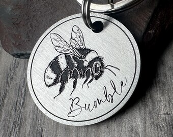 Engraved Hand-Drawn Bumblebee Dog Tag, Bee Keyring, Personalized Pet Charm (UK Made)