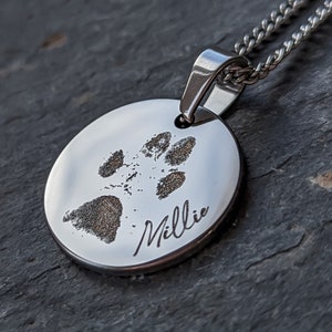 Pawprint Keepsake Necklace, Customisable Engraved Name Pendant, Unique Personalised Christmas Jewellery Gift Dog Mum, Pet Memorial Memento