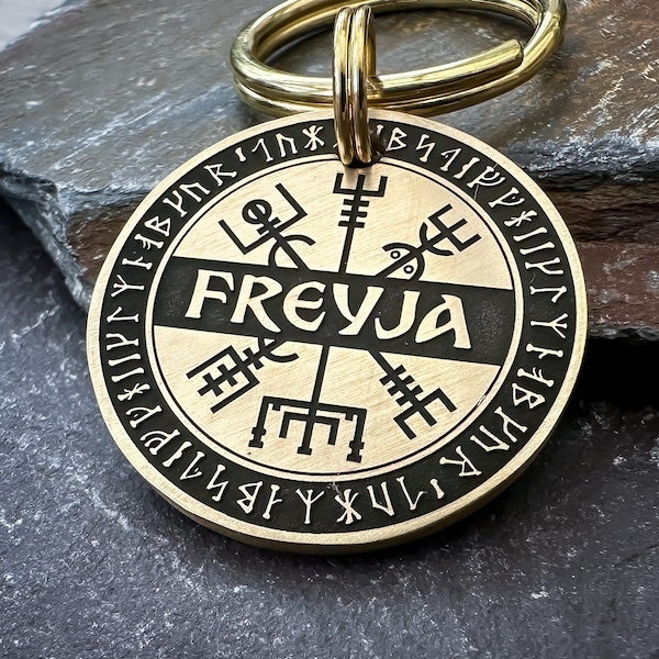 Nordic Viking Vegvisir Symbol Dog Tag, Norse Runes keyring, Tribal Celtic Aztec Dog Tag, Personalised keychain, Engraved Pet Collar Name Tag