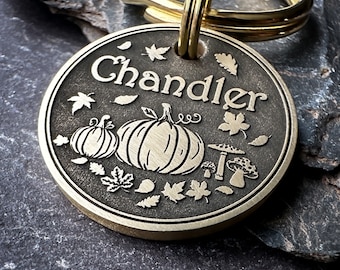 PUMPKIN Autumn Dog Tag, Autumn Fall Halloween Pet ID Name Tag Keyring, Custom Made Chunky Brass Steel Dog Collar Charm, Gift for Dog Lover