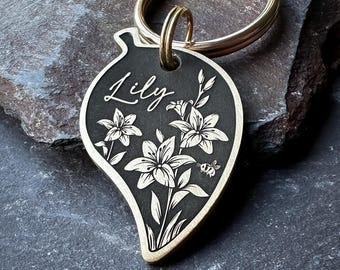 Engraved Lilies Dog Tag, Personalised Chunky Pet ID Tags for Dog Collar, Leaf Shape Lily Flower Keychain, Floral Metal Keyring. Made in UK