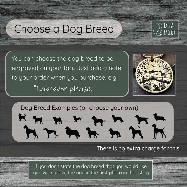 May include: A graphic showing different dog breeds, including a Chihuahua, Dachshund, Bulldog, Labrador Retriever, and more. The text says "Choose a Dog Breed" and "There is no extra charge for this."