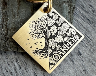 Autumnal Tree, Fall Leaves Dog Tag: Custom Brass and Steel Pet ID