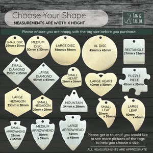 May include: A chart showing different shapes and sizes of wooden tags, with measurements in millimeters. The tags are for pet ID tags, keychains, or other uses. The shapes include circles, diamonds, hearts, hexagons, and more.