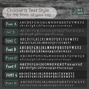 Op de afbeelding: Een grafiek met acht verschillende lettertypen voor tekst op een label. De lettertypen zijn gelabeld Font A tot en met Font H. Elk lettertype toont het alfabet in hoofdletters en kleine letters.