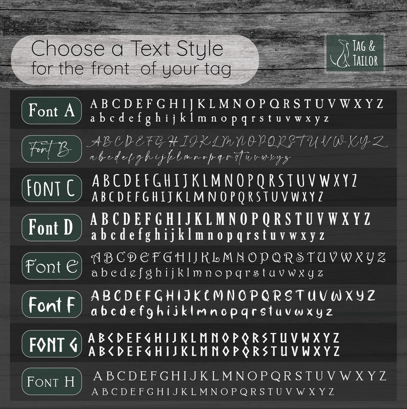 Op de afbeelding: Een grafiek met acht verschillende lettertypen voor tekst op een label. De lettertypen zijn gelabeld Font A tot en met Font H. Elk lettertype toont het alfabet in hoofdletters en kleine letters.