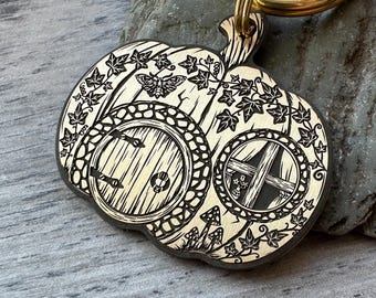 Pumpkin Fairy House Dog Tag: Brass & Steel Halloween Pet ID