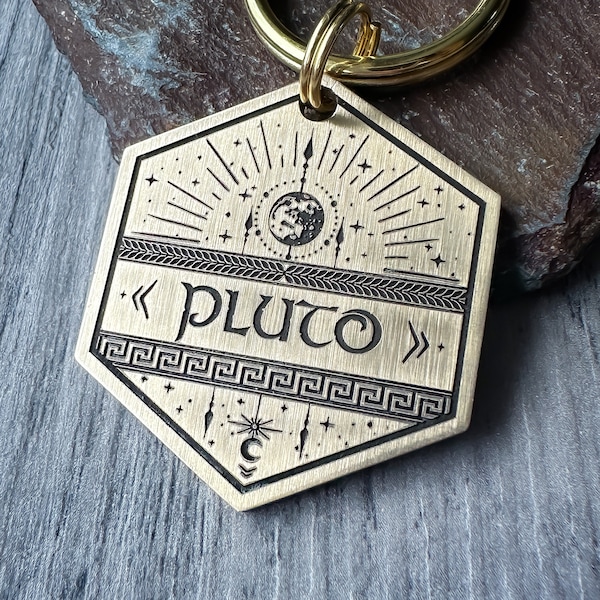 Celestial dog tag, Planet Moon Pluto keyring, stars space galaxy Dog Tag, Personalised keychain, Engraved Dog Tag, Pet Collar ID Tag