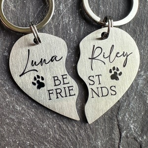 May include: Two silver heart-shaped keychains with a paw print design. One keychain says "Luna" and "Be Friends" and the other says "Riley" and "Best Friends".