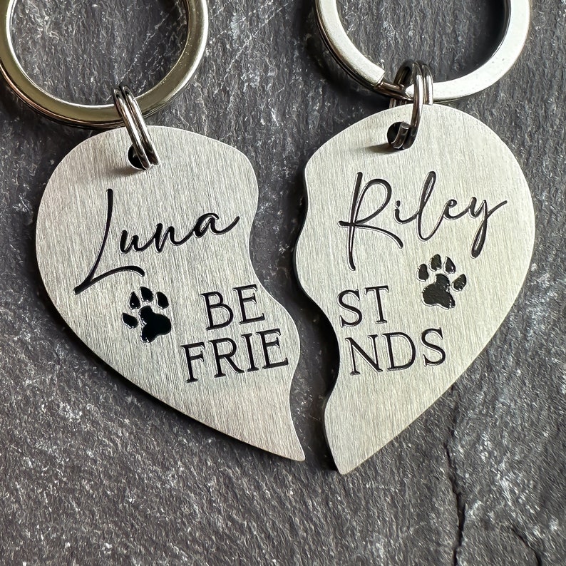 May include: Two silver heart-shaped keychains with a paw print design. One keychain says "Luna" and "Be Friends" and the other says "Riley" and "Best Friends".