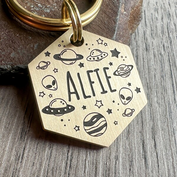Alien Spaceship Personalised Dog ID Tag, Engraved Space Rocket Pet Tags, Stars Planets Keyring, Extra Terrestrial Keychain