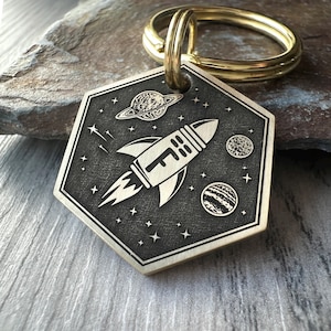 Rocket Spaceship Dog Tag, Planets keyring, Stars keychain, Space Pet Tag, Personalised Dog Tag, dog ID Tag, Engraved Dog Tag,  Space themed