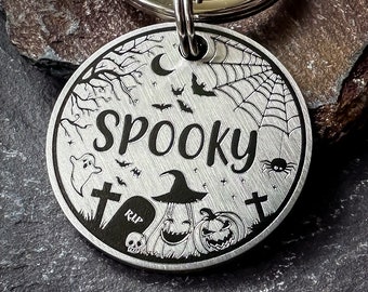 CUTE HALLOWEEN Dog Name Tag, Autumn Fall Pet ID Tag Keyring, Custom Made Chunky Brass Steel Collar Charm, Gift for Dog, Pumpkin Bat Ghost