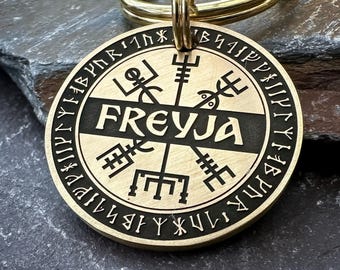 Engraved Brass Viking Vegvisir Dog Tag: Personalized Norse Keychain