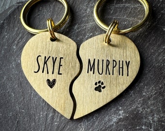 TWO Friendship Love Heart Dog Tag Keyrings, Matching Personalised Pet Keychain, Gift for Dog Lovers, Stainless Steel Brass Dog Name ID plate