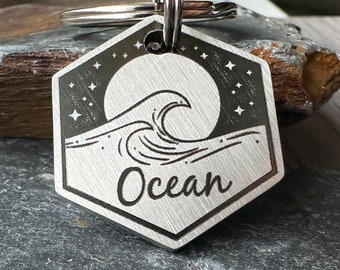 Ocean Surfing Sea Wave Keyring, Engraved Waves Dog ID Tag, Personalised pet collar name, Surfing keychain, Gift for beach surf dog lover