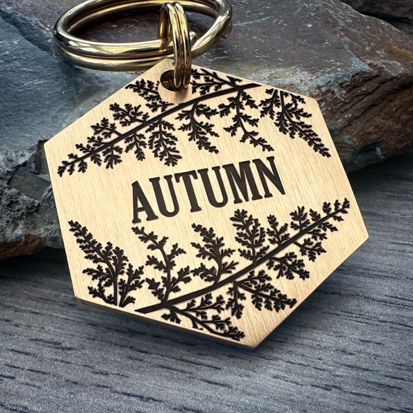 Fern Leaves Dog ID Tag, Personalised Engraved Pet Tags, Chunky Tag for Dog Collar, Autumn Fall Keychain Keyring, Gift for Dog Nature Lover