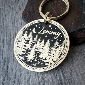Midnight Forest Dog Tag, Quality Thick Pet ID Name Tag, Solid Brass Charm, Keychain Keyring for pet collar, Trees Woods Nature Adventure Tag image 1