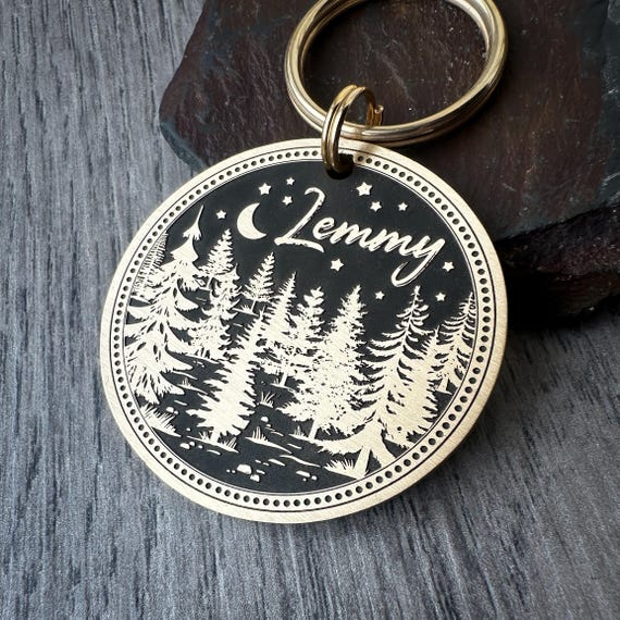 Midnight Forest Dog Tag, Quality Thick Pet ID Name Tag, Solid Brass Charm, Keychain Keyring for pet collar, Trees Woods Nature Adventure Tag
