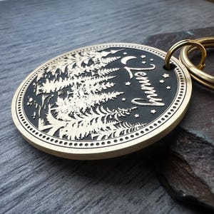Midnight Forest Dog Tag, Quality Thick Pet ID Name Tag, Solid Brass Charm, Keychain Keyring for pet collar, Trees Woods Nature Adventure Tag image 2