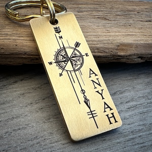 Op de afbeelding: Een gouden metalen sleutelhanger met een kompasontwerp en de naam "ANNYAH" erop gegraveerd.