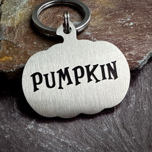 Spooky Pumpkin Shape Dog Tag, Autumn Fall Creepy Halloween Name Tag, Custom Made Chunky Brass Steel Dog Collar Charm, Personalised Pet ID
