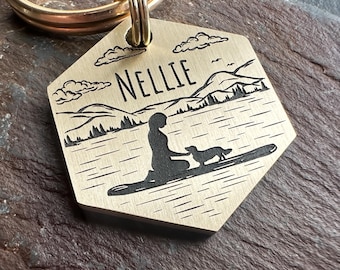 Customisable Engraved Dog Breed, Stand up Paddleboard keyring, Mountain dog ID tag, Custom Engraved tag, Mountains SUP Keychain, Paddleboard