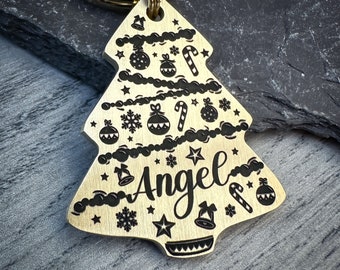 Christmas Tree Dog Tag, Festive Keyring, Xmas Keychain, Custom Personalised Pet ID Tag, Charm for Dog Collar, Christmas gift for pet dog