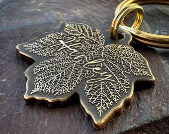 Engraved Brass Autumn Leaf Skeleton Dog Tag: Fall Season Pet ID Tag
