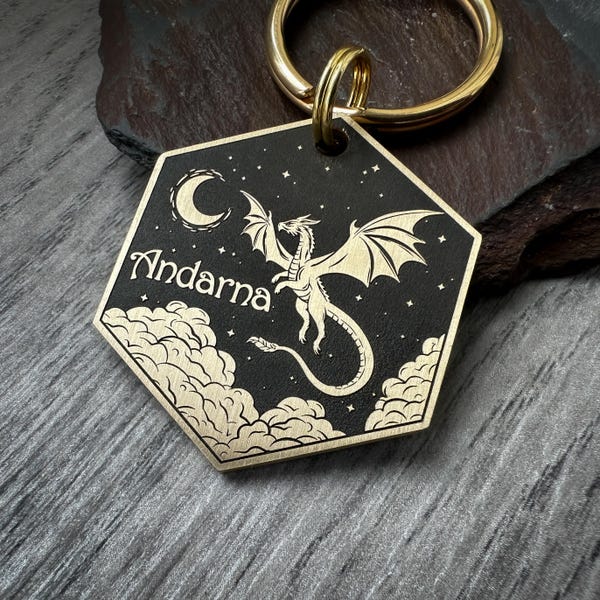 Laser Engraved Dragon Dog Tag: Brass or Steel, UK Made Pet Tags